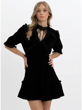 Point Zero Diana Dress Black Velvet Victorian Babydoll Ruffles Size XL New NWT